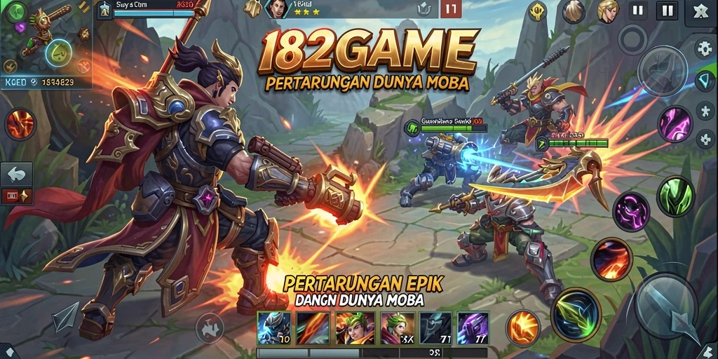 Menampilkan aksi seru dalam gameplay MOBA.