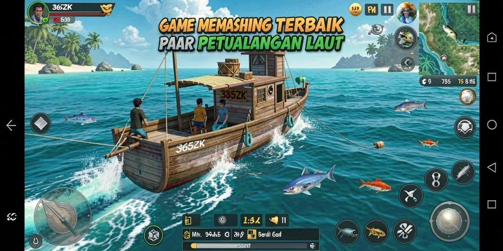 Tampilan gameplay memancing yang seru di 365ZK dengan berbagai ikan dan lokasi.