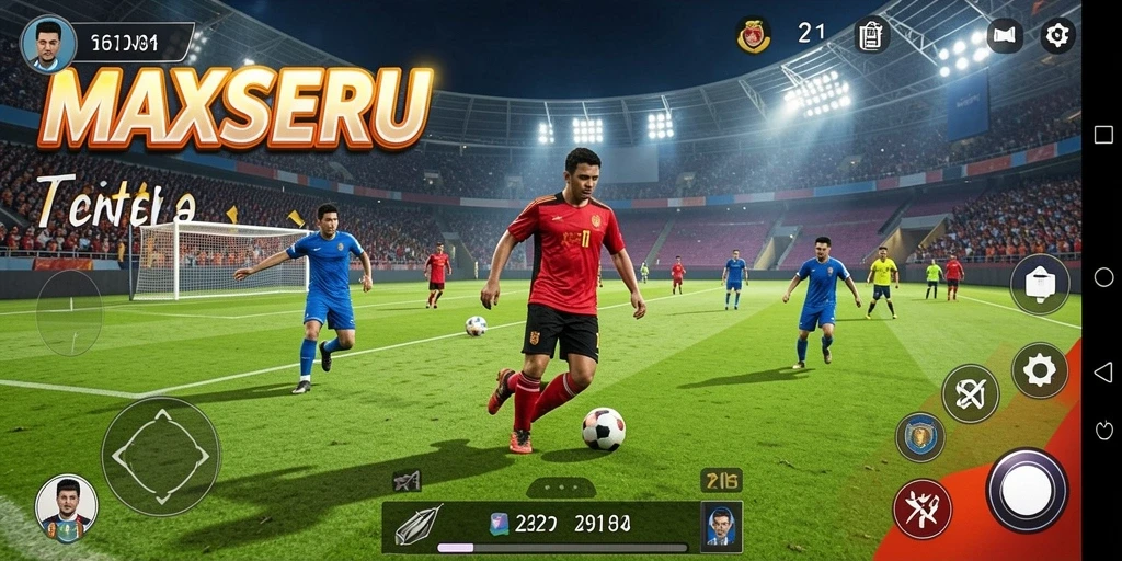 Tampilan gameplay <strong>MAXSERU</strong> dengan aksi sepak bola yang menegangkan.