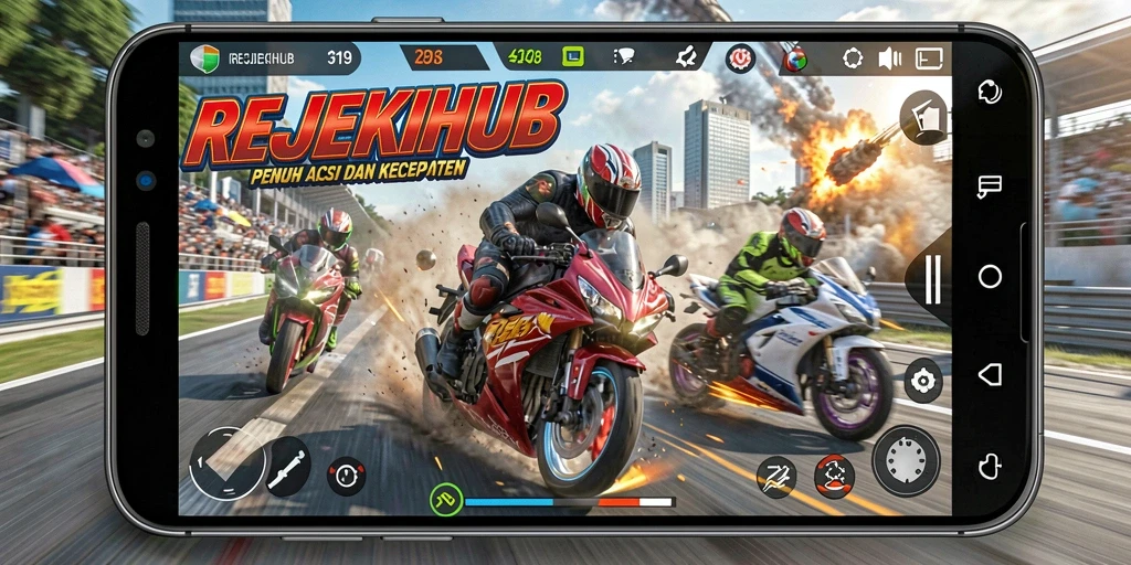 Screenshot utama REJEKIHUB menampilkan aksi balapan motor yang mendebarkan.