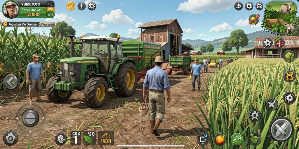 Screenshot gameplay YUMETOTO menampilkan ladang yang hijau dan subur.